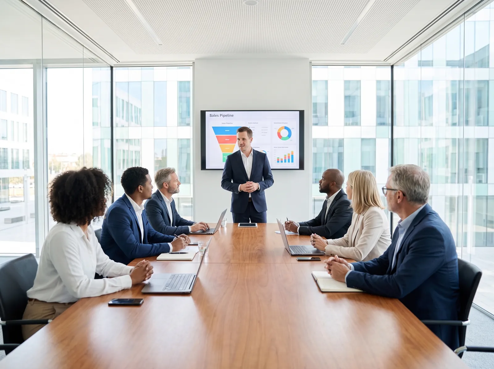 Brokerage team meeting with a pipeline dashboard on screen