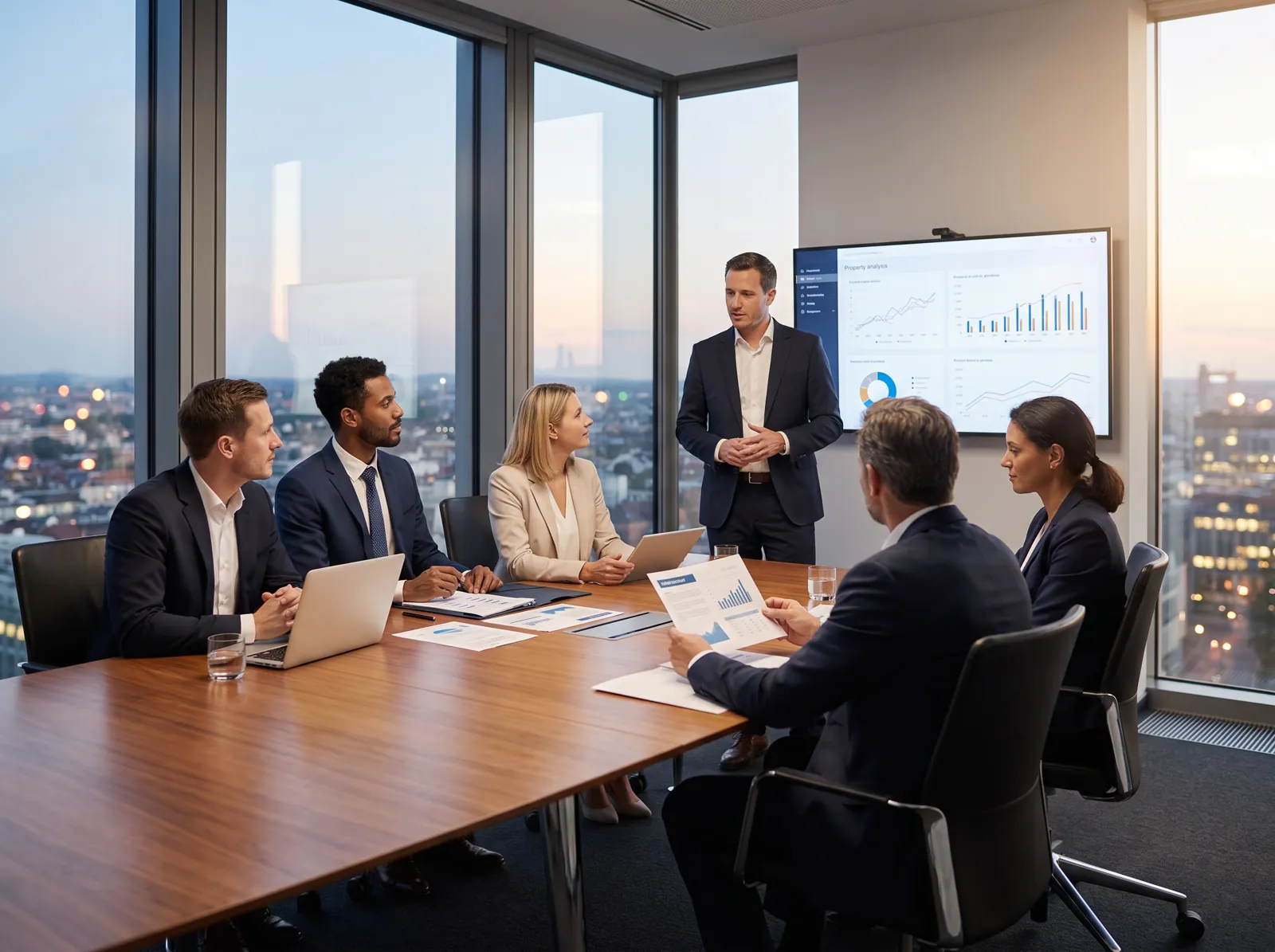 Small investor mastermind group reviewing a deal at dusk